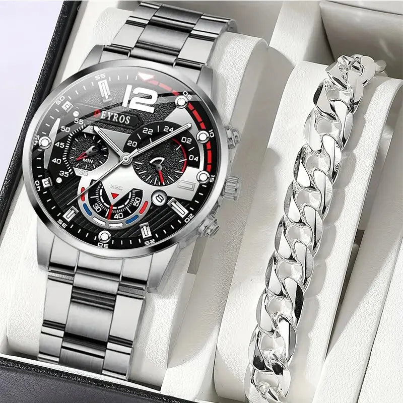 Mens Silver Quartz Watch With Stainless Steel Bracelet Men Fashion Business Casual Watch Luminous Clock