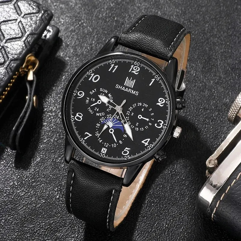 Fashion Mens Watches Wallet Glasses For Men Retro Black Bussiness Quartz Watch Male Casual Watch