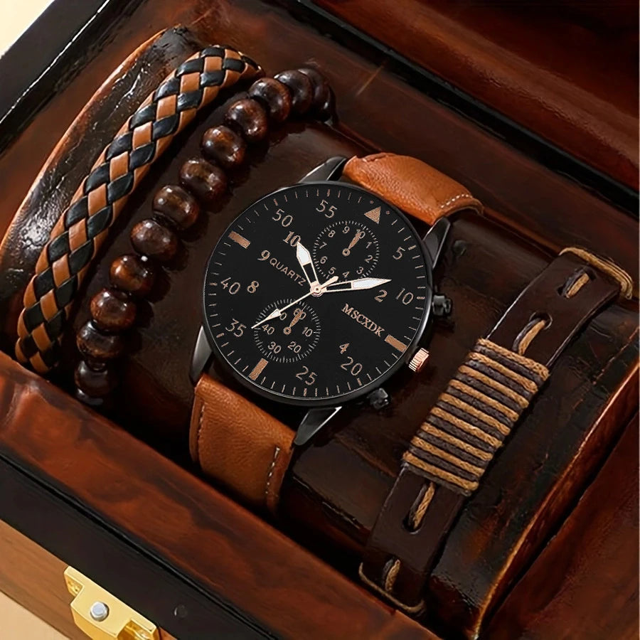 Quartz Watches Bracelet Watch Set For Men Business Fashion Casual Round Pointer Calendar Watch Accessories