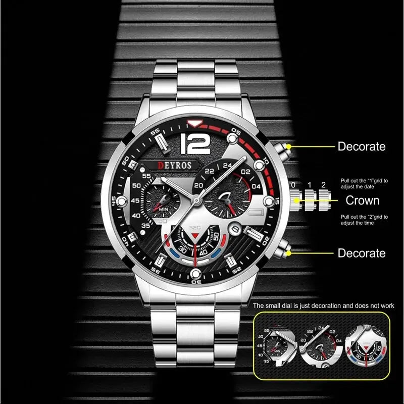 Mens Silver Quartz Watch With Stainless Steel Bracelet Men Fashion Business Casual Watch Luminous Clock