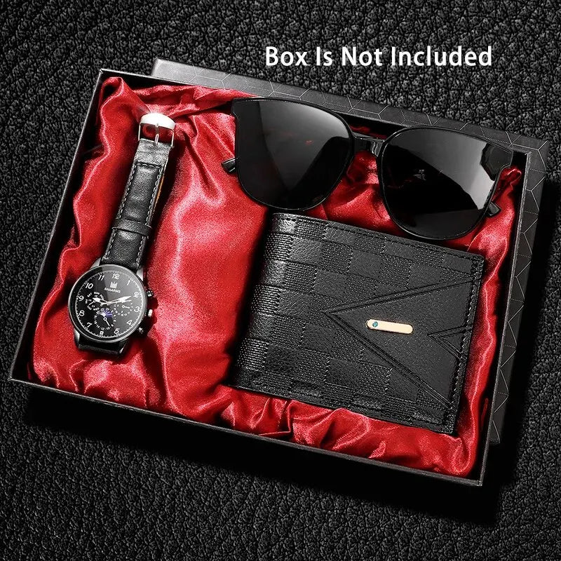 Fashion Mens Watches Wallet Glasses For Men Retro Black Bussiness Quartz Watch Male Casual Watch