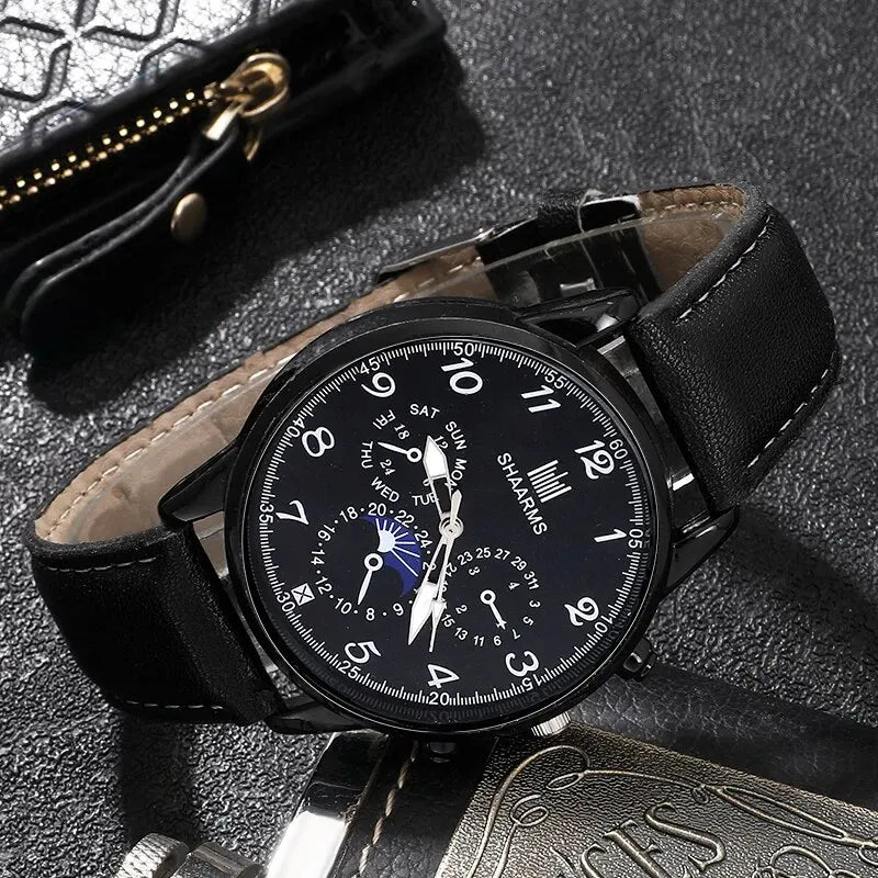 Fashion Mens Watches Wallet Glasses For Men Retro Black Bussiness Quartz Watch Male Casual Watch