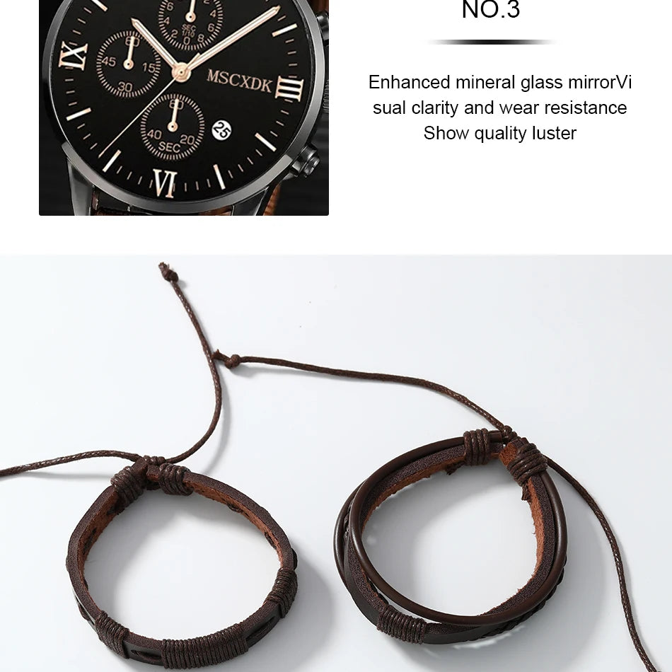 Quartz Watches Bracelet Watch Set For Men Business Fashion Casual Round Pointer Calendar Watch Accessories