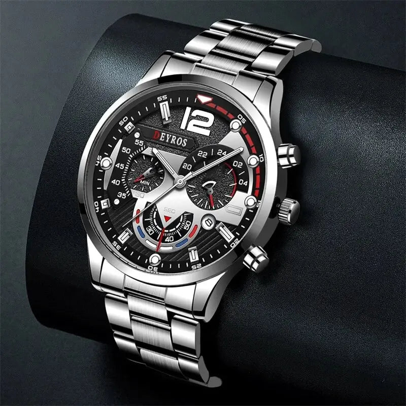 Mens Silver Quartz Watch With Stainless Steel Bracelet Men Fashion Business Casual Watch Luminous Clock