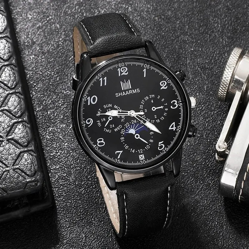 Fashion Mens Watches Wallet Glasses For Men Retro Black Bussiness Quartz Watch Male Casual Watch