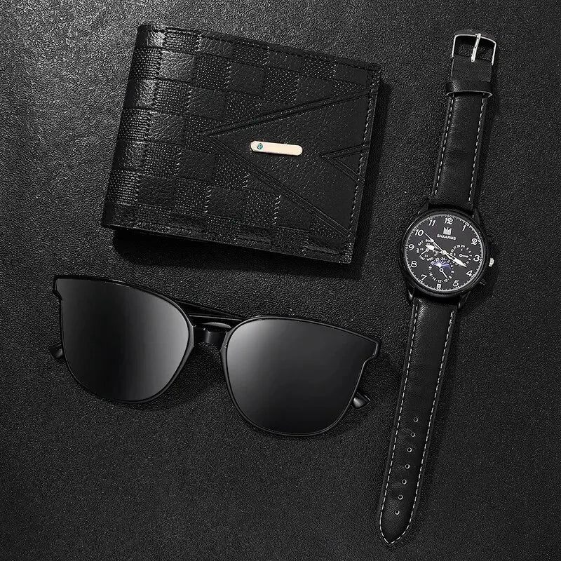 Fashion Mens Watches Wallet Glasses For Men Retro Black Bussiness Quartz Watch Male Casual Watch